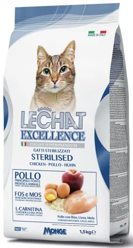 Полнорационный корм для стерилизованных кошек Lechat Excellence (Лешат Экселенс) с курицей, яблоками, рисом и яйцами