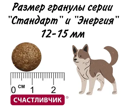 Размер гранулы сухого корма для собак Счастливчик Стандарт и Энергия мясное ассорти (для средних и крупных пород)