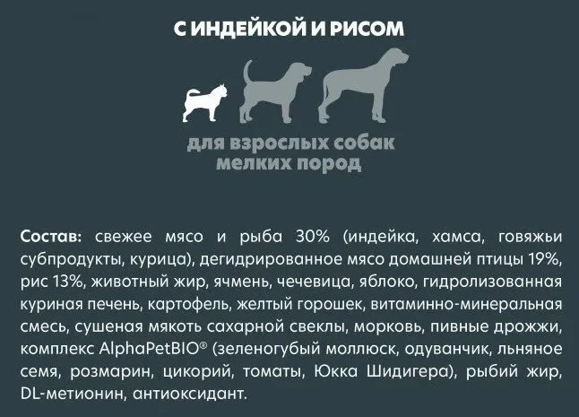 Состав сухого корма для собак мелких пород AlphaPet (АльфаПет) с индейкой и рисом (информативная картинка)